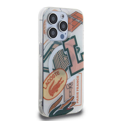 Apple iPhone 15 Pro Kılıf Lacoste Orjinal Lisanslı M-safe Şarj Özellikli Çift Katmanlı Yamalar Desenli Kapak Turuncu