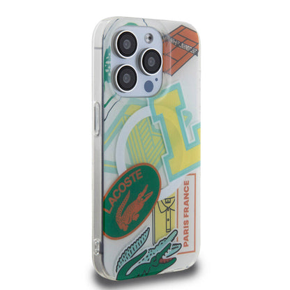 Apple iPhone 15 Pro Kılıf Lacoste Orjinal Lisanslı M-safe Şarj Özellikli Çift Katmanlı Yamalar Desenli Kapak Yeşil