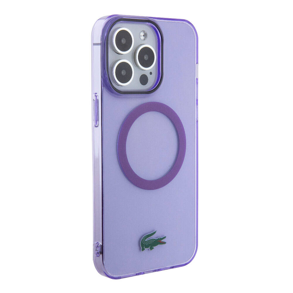Apple iPhone 15 Pro Kılıf Lacoste Orjinal Lisanslı M-safe Şarj Özellikli İkonik Timsah Logolu Hard Parme Kapak Mor