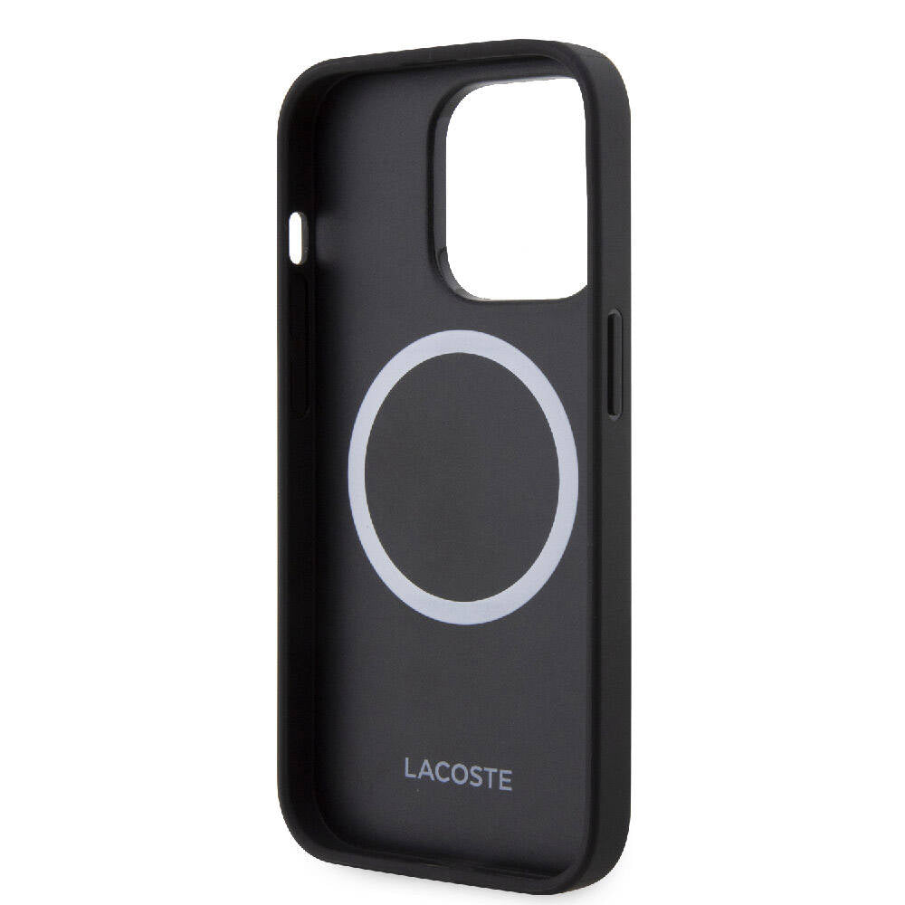 Apple iPhone 15 Pro Kılıf Lacoste Orjinal Lisanslı M-safe Şarj Özellikli PU Deri Görünümlü Karışık Monogram Desenli Kapak Siyah