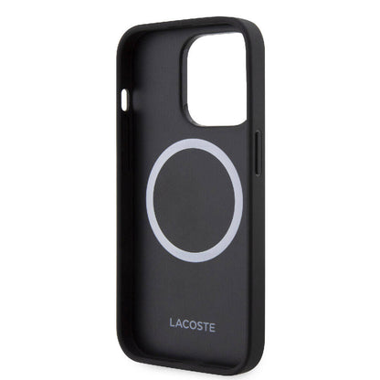 Apple iPhone 15 Pro Kılıf Lacoste Orjinal Lisanslı M-safe Şarj Özellikli PU Deri Görünümlü Karışık Monogram Desenli Kapak Siyah