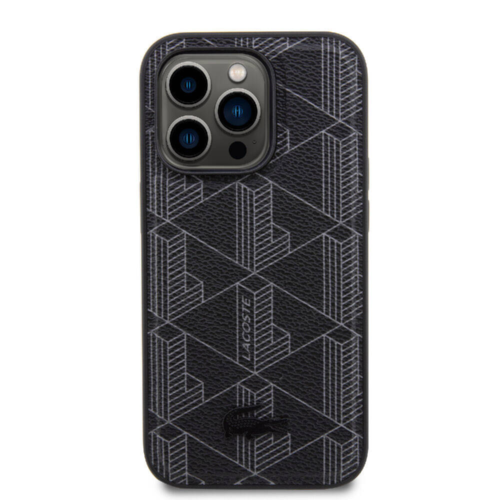 Apple iPhone 15 Pro Kılıf Lacoste Orjinal Lisanslı M-safe Şarj Özellikli PU Deri Görünümlü Karışık Monogram Desenli Kapak Lacivert