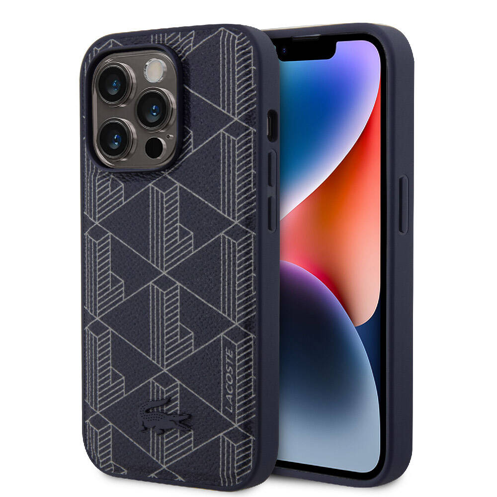 Apple iPhone 15 Pro Kılıf Lacoste Orjinal Lisanslı M-safe Şarj Özellikli PU Deri Görünümlü Karışık Monogram Desenli Kapak Siyah