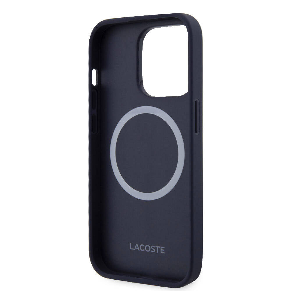 Apple iPhone 15 Pro Kılıf Lacoste Orjinal Lisanslı M-safe Şarj Özellikli PU Deri Görünümlü Karışık Monogram Desenli Kapak Lacivert