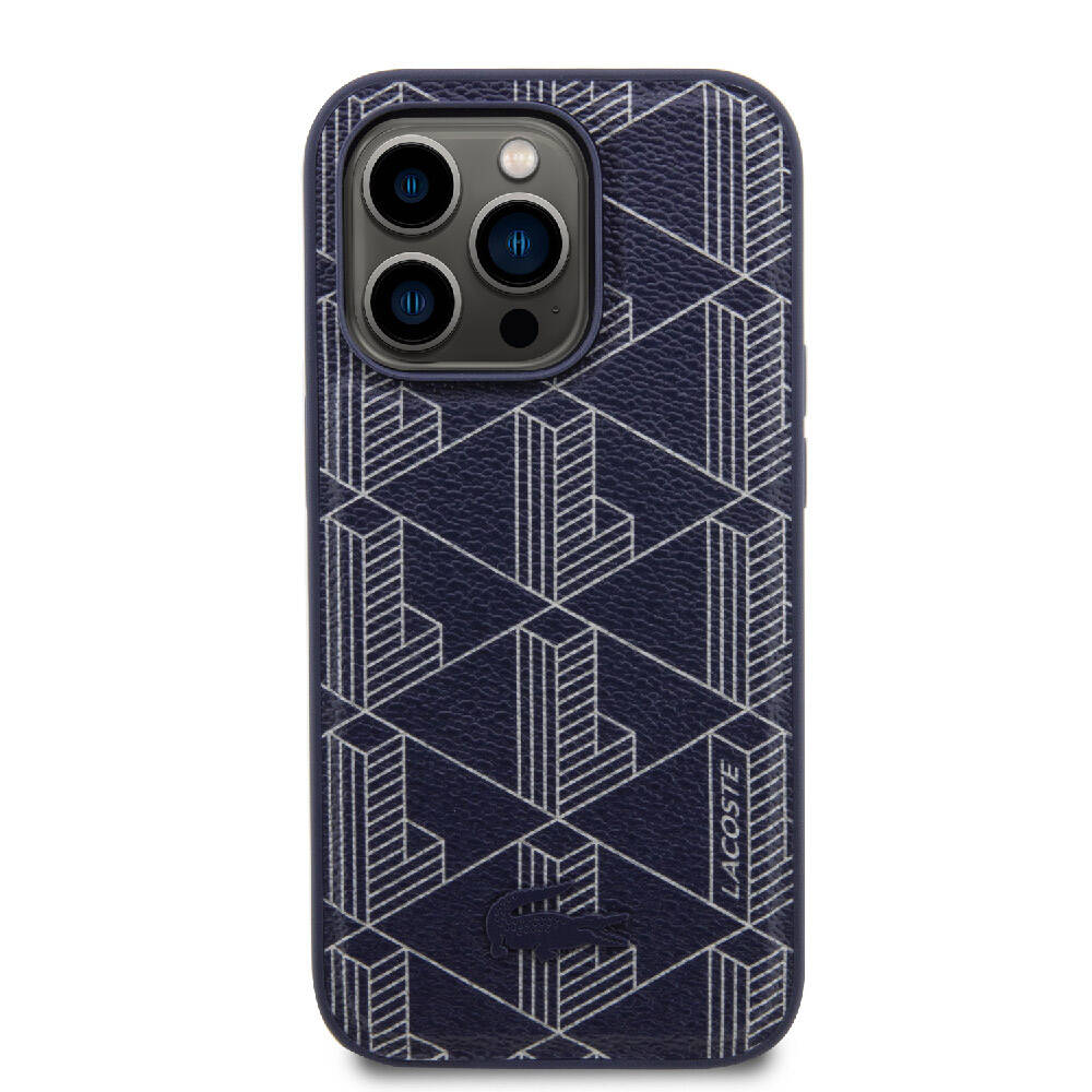 Apple iPhone 15 Pro Kılıf Lacoste Orjinal Lisanslı M-safe Şarj Özellikli PU Deri Görünümlü Karışık Monogram Desenli Kapak Siyah