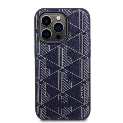 Apple iPhone 15 Pro Kılıf Lacoste Orjinal Lisanslı M-safe Şarj Özellikli PU Deri Görünümlü Karışık Monogram Desenli Kapak Lacivert