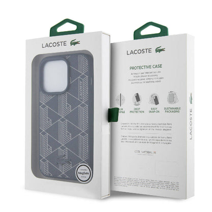 Apple iPhone 15 Pro Kılıf Lacoste Orjinal Lisanslı M-safe Şarj Özellikli PU Deri Görünümlü Karışık Monogram Desenli Kapak Siyah