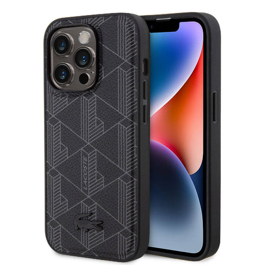 Apple iPhone 15 Pro Kılıf Lacoste Orjinal Lisanslı M-safe Şarj Özellikli PU Deri Görünümlü Karışık Monogram Desenli Kapak Siyah