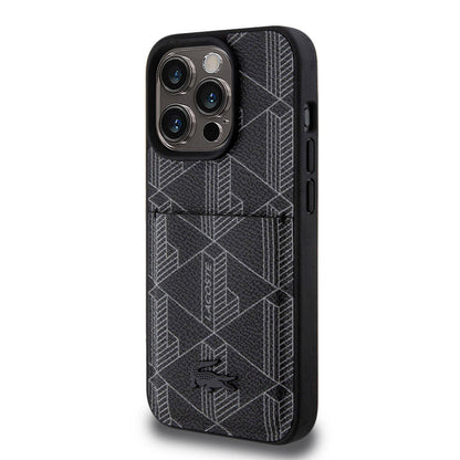 Apple iPhone 15 Pro Kılıf Lacoste Orjinal Lisanslı M-safe Şarj Özellikli PU Deri Görünümlü Kartlıklı Karışık Monogram Desenli Kapak Lacivert