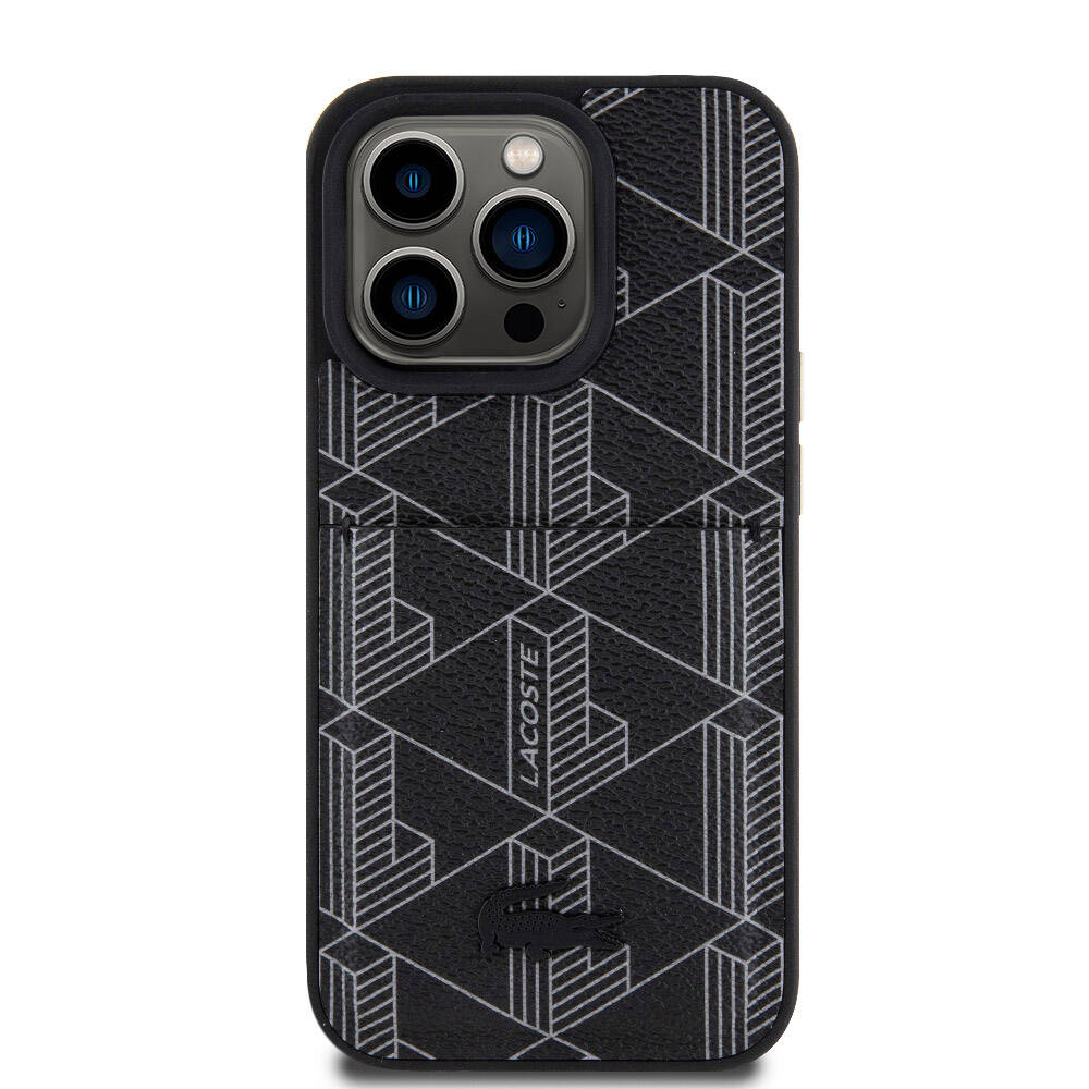 Apple iPhone 15 Pro Kılıf Lacoste Orjinal Lisanslı M-safe Şarj Özellikli PU Deri Görünümlü Kartlıklı Karışık Monogram Desenli Kapak Beyaz