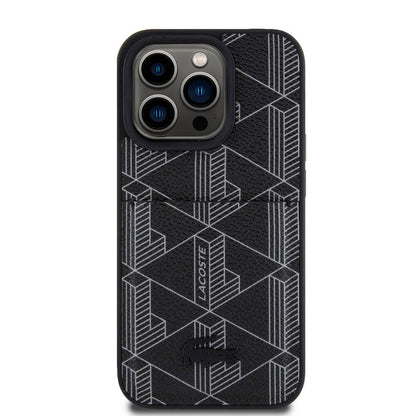 Apple iPhone 15 Pro Kılıf Lacoste Orjinal Lisanslı M-safe Şarj Özellikli PU Deri Görünümlü Kartlıklı Karışık Monogram Desenli Kapak Beyaz