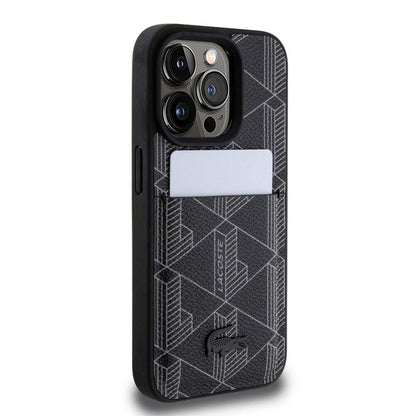 Apple iPhone 15 Pro Kılıf Lacoste Orjinal Lisanslı M-safe Şarj Özellikli PU Deri Görünümlü Kartlıklı Karışık Monogram Desenli Kapak Lacivert