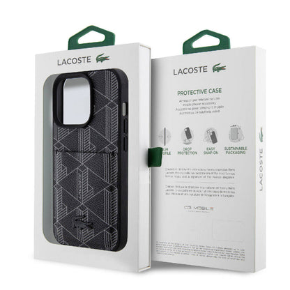 Apple iPhone 15 Pro Kılıf Lacoste Orjinal Lisanslı M-safe Şarj Özellikli PU Deri Görünümlü Kartlıklı Karışık Monogram Desenli Kapak Lacivert