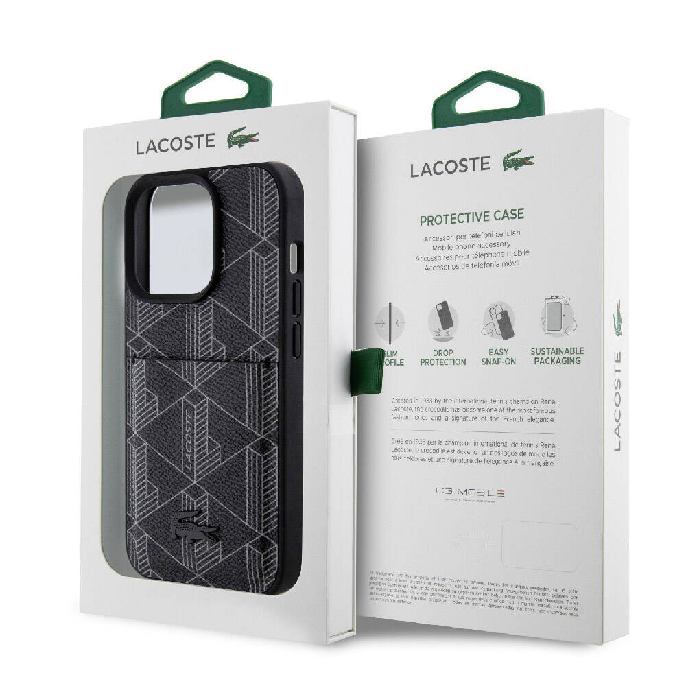 Apple iPhone 15 Pro Kılıf Lacoste Orjinal Lisanslı M-safe Şarj Özellikli PU Deri Görünümlü Kartlıklı Karışık Monogram Desenli Kapak Beyaz