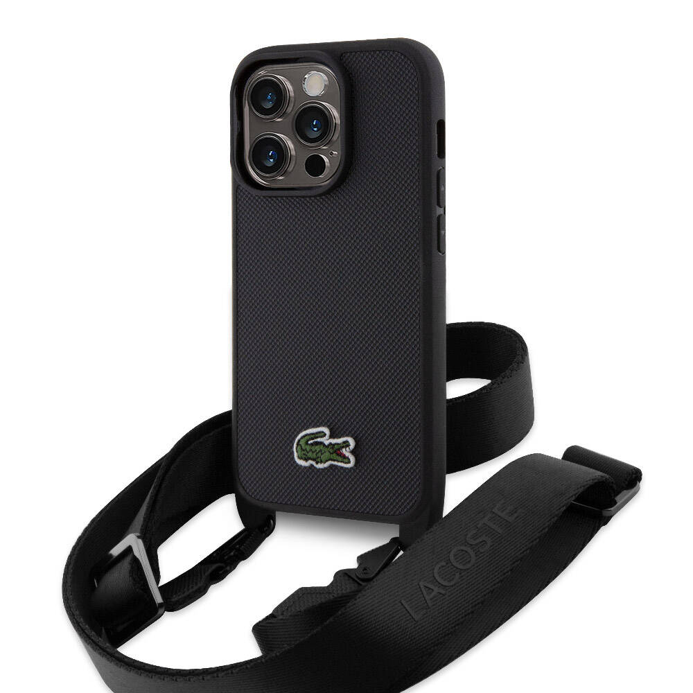 Apple iPhone 15 Pro Kılıf Lacoste Orjinal Lisanslı PU Pike Desenli Arka Yüzey Askılı İkonik Timsah Dokuma Logolu Kapak Siyah