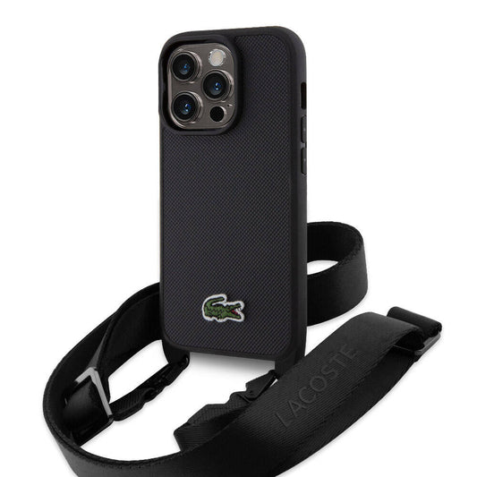 Apple iPhone 15 Pro Kılıf Lacoste Orjinal Lisanslı PU Pike Desenli Arka Yüzey Askılı İkonik Timsah Dokuma Logolu Kapak Siyah