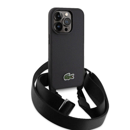 Apple iPhone 15 Pro Kılıf Lacoste Orjinal Lisanslı PU Pike Desenli Arka Yüzey Askılı İkonik Timsah Dokuma Logolu Kapak Yeşil
