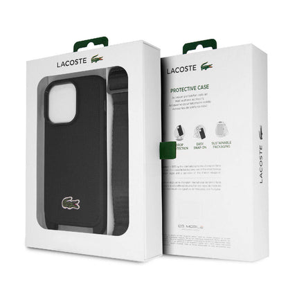 Apple iPhone 15 Pro Kılıf Lacoste Orjinal Lisanslı PU Pike Desenli Arka Yüzey Askılı İkonik Timsah Dokuma Logolu Kapak Lacivert