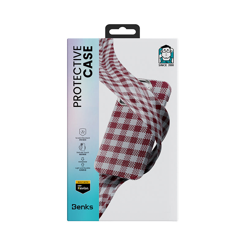 Apple iPhone 15 Pro Kılıf M-safe Şarj Özellikli Ekose Tasarımlı Benks ArmorVichy Kevlar Kapak Siyah