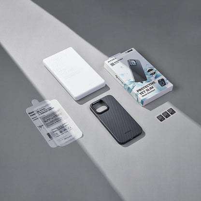 Apple iPhone 15 Pro Kılıf M-safe Şarj Özellikli 1500D Aramid Fiber Pitaka Military-Grade Classic Serisi Black-Grey Twill Kapak Siyah-Gri