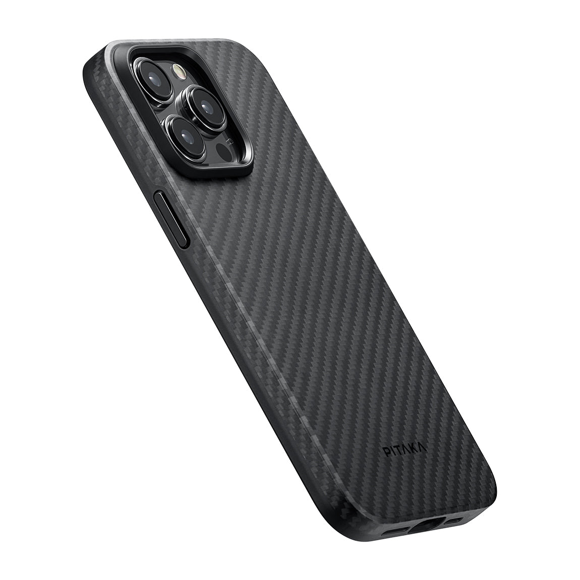 Apple iPhone 15 Pro Kılıf M-safe Şarj Özellikli 1500D Aramid Fiber Pitaka Military-Grade Classic Serisi Black-Grey Twill Kapak Siyah-Gri