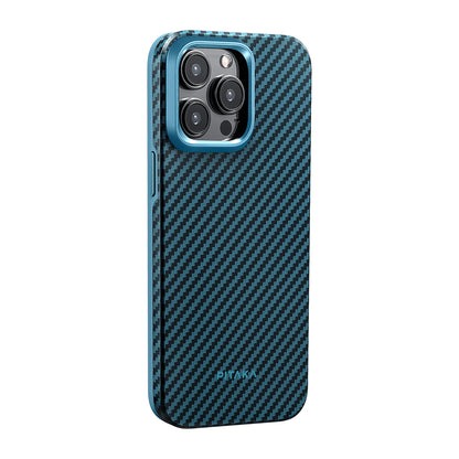 Apple iPhone 15 Pro Kılıf M-safe Şarj Özellikli 1500D Aramid Fiber Pitaka Military-Grade Classic Serisi Black-Grey Twill Kapak Siyah-Mavi