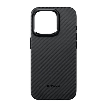 Apple iPhone 15 Pro Kılıf M-safe Şarj Özellikli 1500D Aramid Fiber Pitaka Military-Grade Classic Serisi Black-Grey Twill Kapak Siyah-Gri