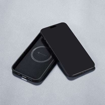 Apple iPhone 15 Pro Kılıf M-safe Şarj Özellikli 1500D Aramid Fiber Pitaka Military-Grade Classic Serisi Black-Grey Twill Kapak Siyah-Mavi