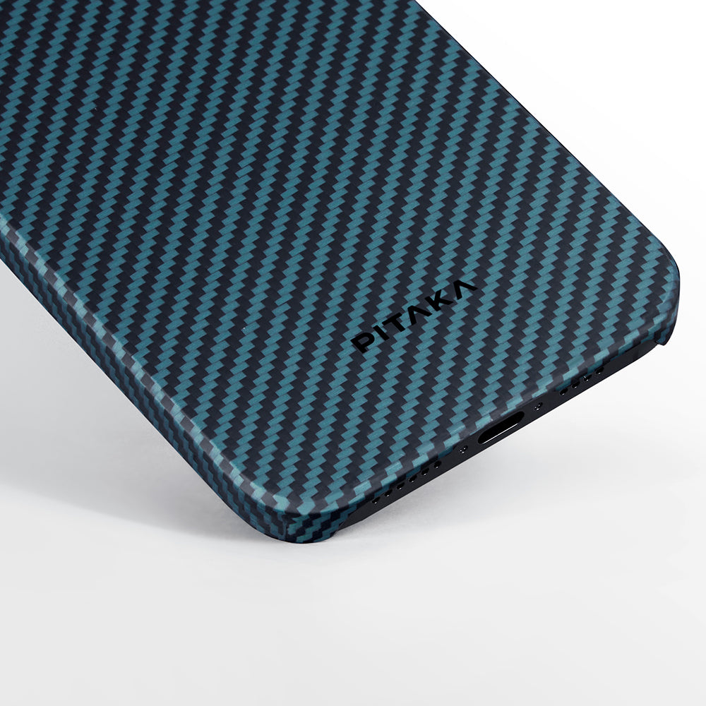 Apple iPhone 15 Pro Kılıf M-safe Şarj Özellikli 1500D Aramid Fiber Pitaka Ultra-Slim Classic Serisi Black-Blue Twill Kapak Siyah-Mavi