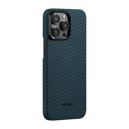 Apple iPhone 15 Pro Kılıf M-safe Şarj Özellikli 1500D Aramid Fiber Pitaka Ultra-Slim Classic Serisi Black-Blue Twill Kapak Siyah-Mavi