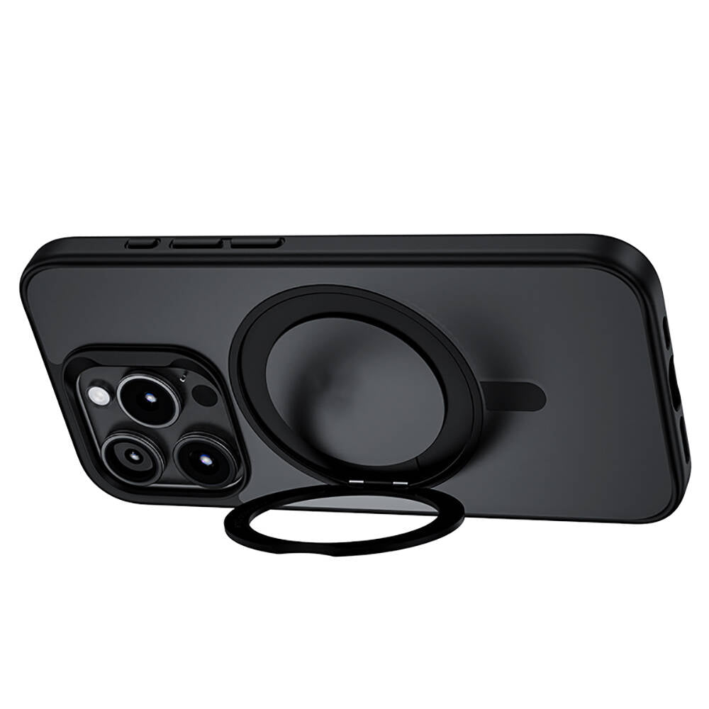 Apple iPhone 15 Pro Kılıf M-safe Şarj Özellikli 360° Dönebilen Benks Pop Stand Kapak Siyah