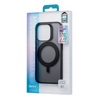 Apple iPhone 15 Pro Kılıf M-safe Şarj Özellikli 360° Dönebilen Benks Pop Stand Kapak Siyah