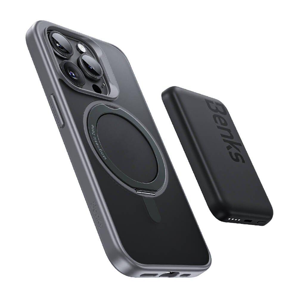 Apple iPhone 15 Pro Kılıf M-safe Şarj Özellikli 360° Dönebilen Benks Pop Stand Kapak Siyah
