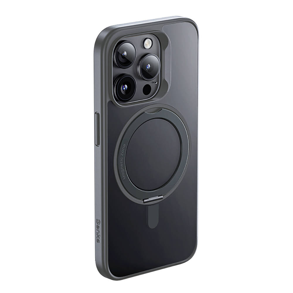 Apple iPhone 15 Pro Kılıf M-safe Şarj Özellikli 360° Dönebilen Benks Pop Stand Kapak Gri