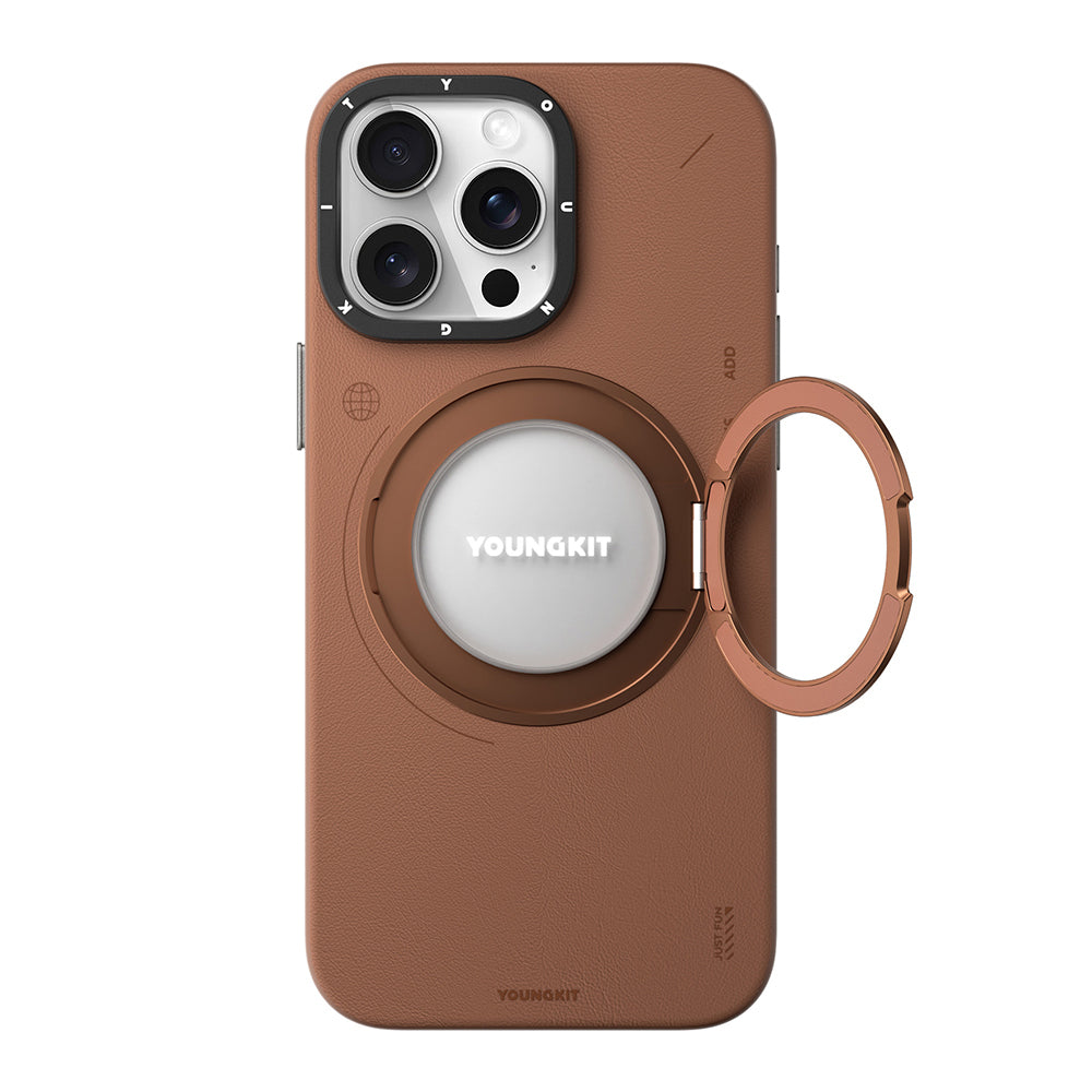 Apple iPhone 15 Pro Kılıf M-safe Şarj Özellikli 360° Standlı Basit Mat Deri Desenli Youngkit Tech Leather Serisi Kapak Siyah