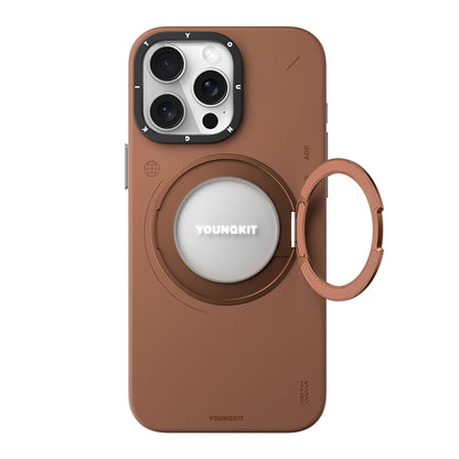 Apple iPhone 15 Pro Kılıf M-safe Şarj Özellikli 360° Standlı Basit Mat Deri Desenli Youngkit Tech Leather Serisi Kapak Gri