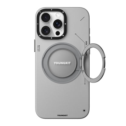 Apple iPhone 15 Pro Kılıf M-safe Şarj Özellikli 360° Standlı Basit Mat Deri Desenli Youngkit Tech Leather Serisi Kapak Siyah