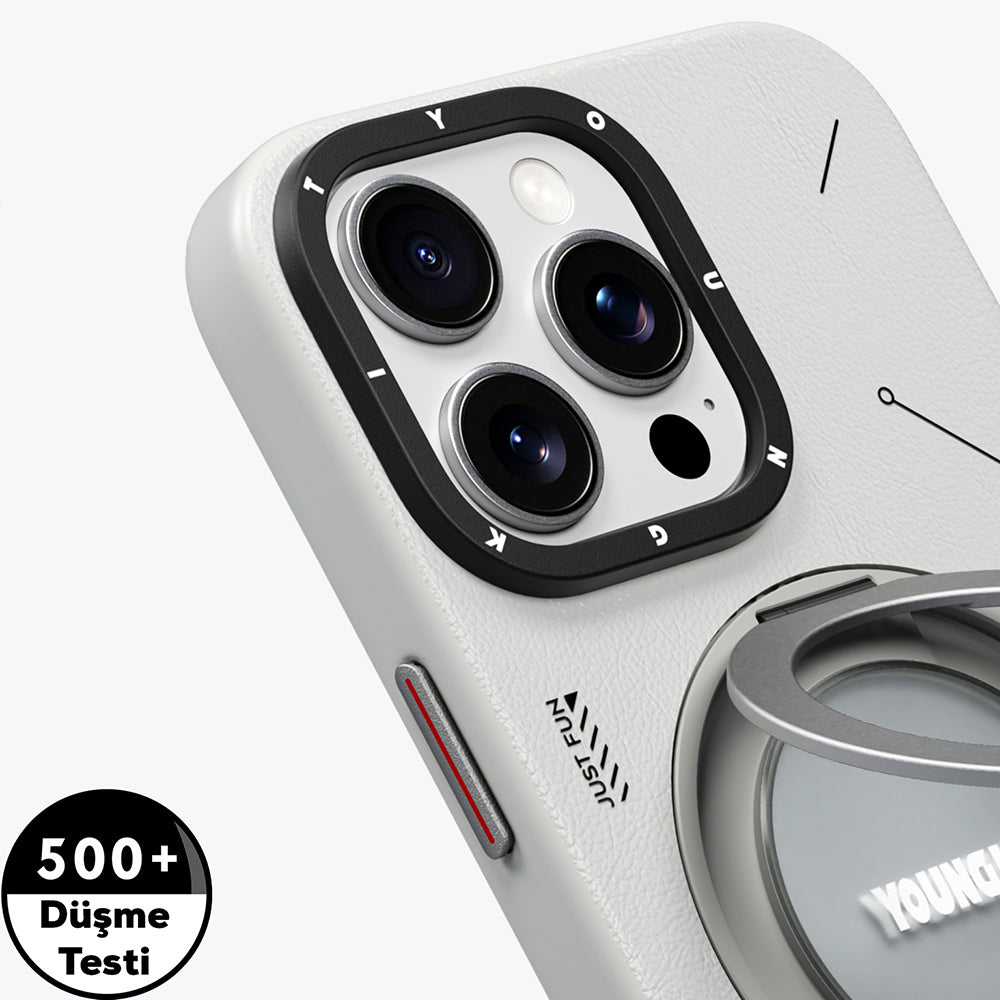 Apple iPhone 15 Pro Kılıf M-safe Şarj Özellikli 360° Standlı Basit Mat Deri Desenli Youngkit Tech Leather Serisi Kapak Kahverengi