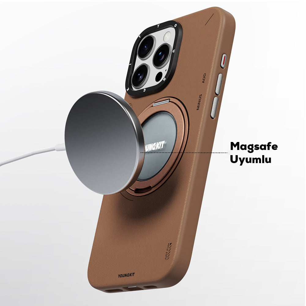 Apple iPhone 15 Pro Kılıf M-safe Şarj Özellikli 360° Standlı Basit Mat Deri Desenli Youngkit Tech Leather Serisi Kapak Siyah