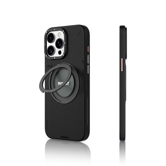 Apple iPhone 15 Pro Kılıf M-safe Şarj Özellikli 360° Standlı Basit Mat Deri Desenli Youngkit Tech Leather Serisi Kapak Siyah