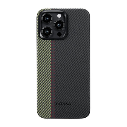 Apple iPhone 15 Pro Kılıf M-safe Şarj Özellikli 600D Aramid Fiber Pitaka Tactile Woven Orchestra Serisi Overture Kapak Siyah-Yeşil