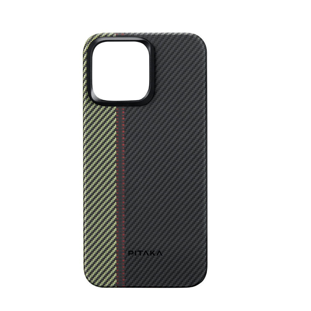 Apple iPhone 15 Pro Kılıf M-safe Şarj Özellikli 600D Aramid Fiber Pitaka Tactile Woven Orchestra Serisi Overture Kapak Siyah-Yeşil