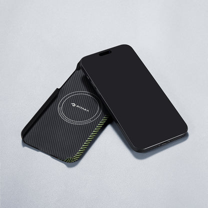 Apple iPhone 15 Pro Kılıf M-safe Şarj Özellikli 600D Aramid Fiber Pitaka Tactile Woven Orchestra Serisi Overture Kapak Siyah-Yeşil