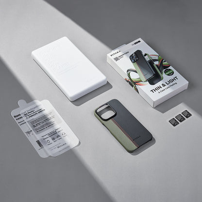 Apple iPhone 15 Pro Kılıf M-safe Şarj Özellikli 600D Aramid Fiber Pitaka Tactile Woven Orchestra Serisi Overture Kapak Siyah-Yeşil