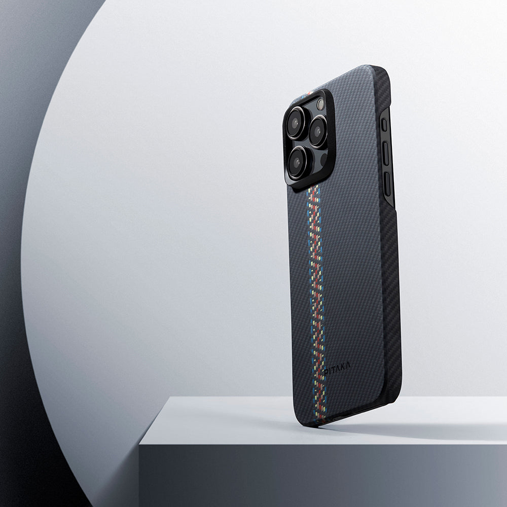 Apple iPhone 15 Pro Kılıf M-safe Şarj Özellikli 600D Aramid Fiber Pitaka Tactile Woven Orchestra Serisi Rhapsody Kapak Siyah