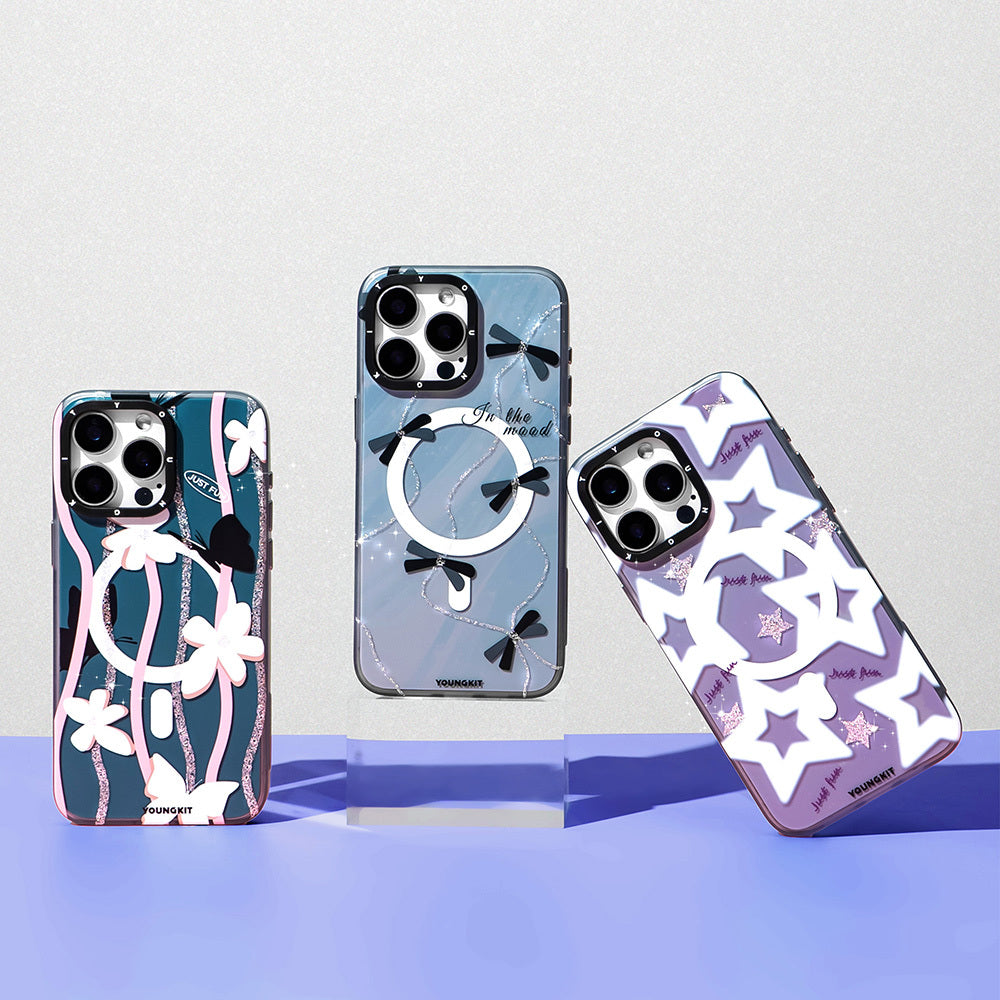 Apple iPhone 15 Pro Kılıf M-safe Şarj Özellikli Airbagli Çift Katmanlı Youngkit Star&Butterfly Serisi Kapak Gri