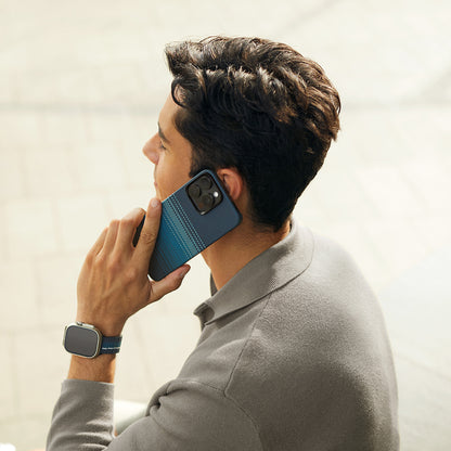 Apple iPhone 15 Pro Kılıf M-safe Şarj Özellikli Aramid Fiber Pitaka Tactile Woven Sunset-Moonrise Serisi Moonrise Kapak Mavi