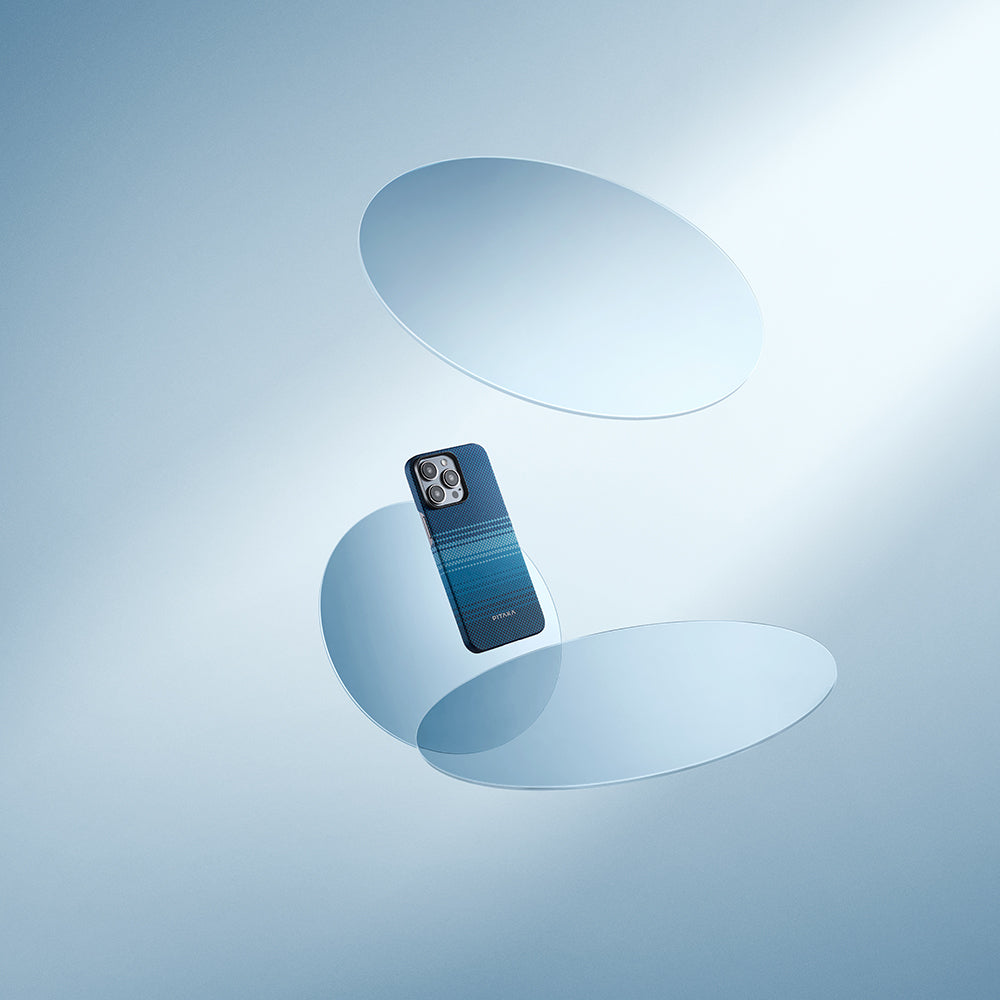 Apple iPhone 15 Pro Kılıf M-safe Şarj Özellikli Aramid Fiber Pitaka Tactile Woven Sunset-Moonrise Serisi Moonrise Kapak Mavi