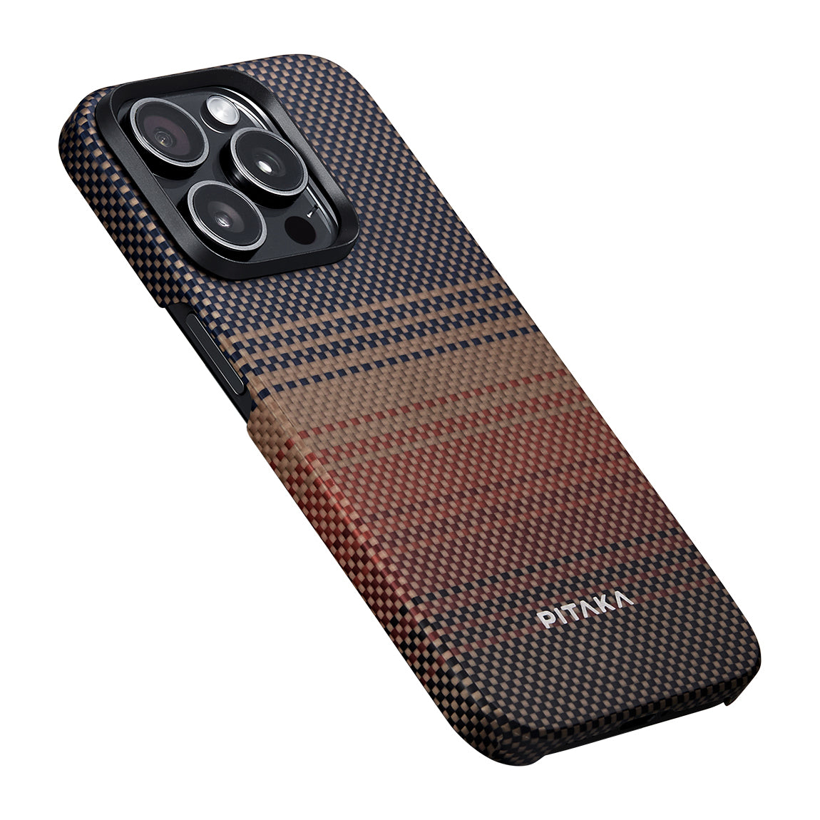 Apple iPhone 15 Pro Kılıf M-safe Şarj Özellikli Aramid Fiber Pitaka Tactile Woven Sunset-Moonrise Serisi Sunset Kapak Kahverengi