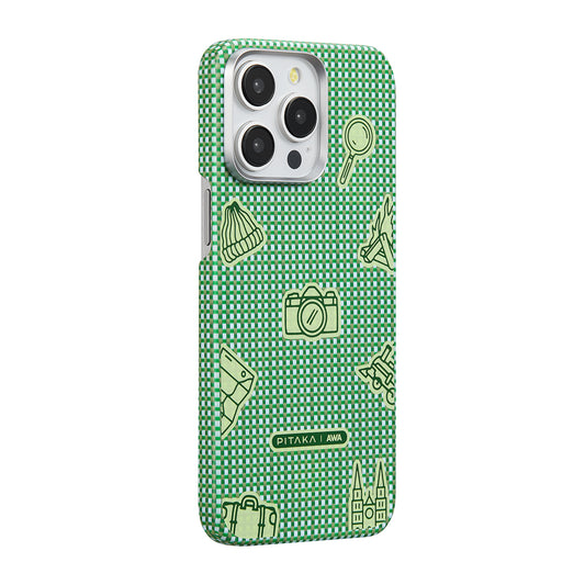 Apple iPhone 15 Pro Kılıf M-safe Şarj Özellikli Awa Tasarımlı 1500D Aramid Fiber Pitaka Ultra-Slim Classic Serisi Forest Kapak Yeşil